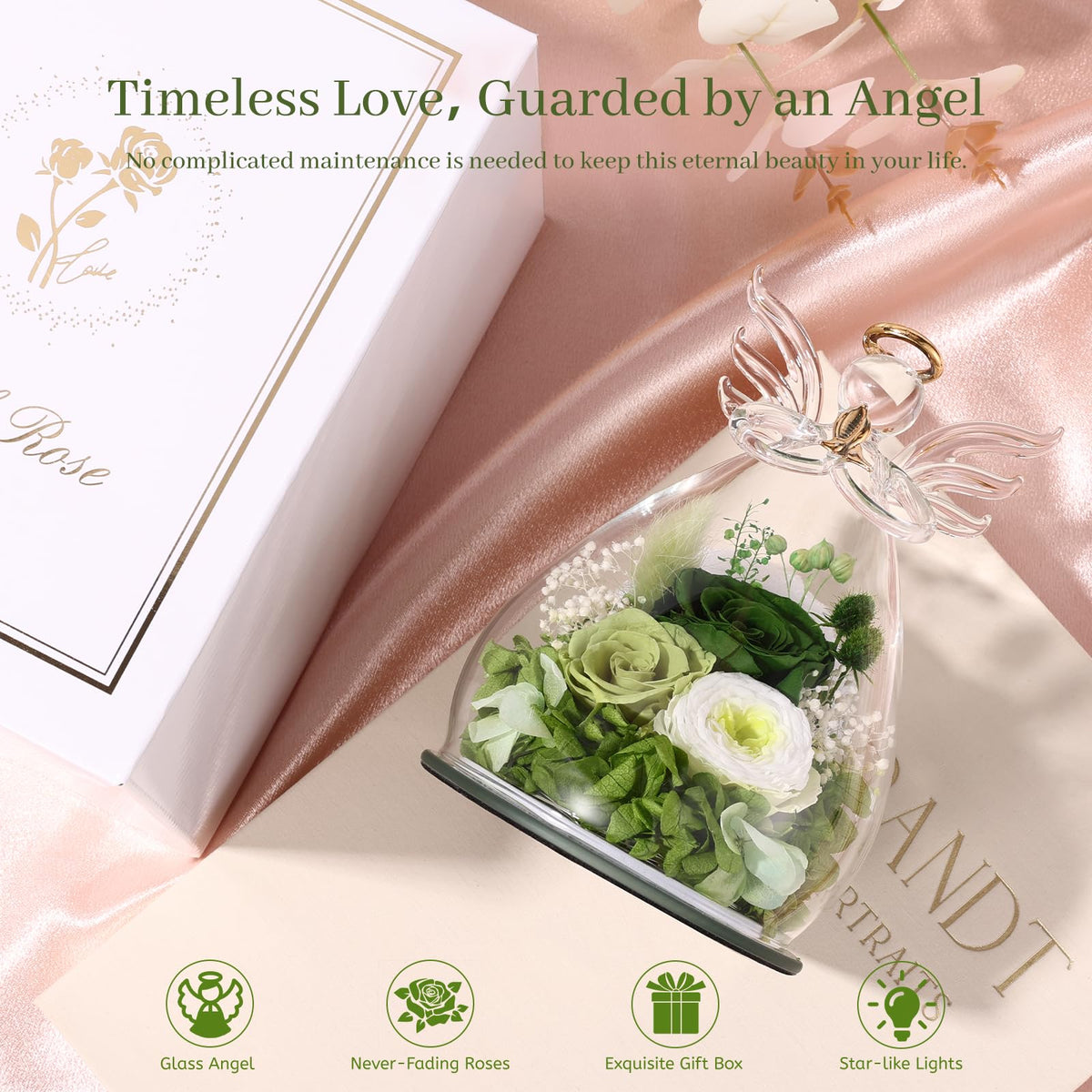 Bessol warm LED light inside the dome softly illuminates the rose.