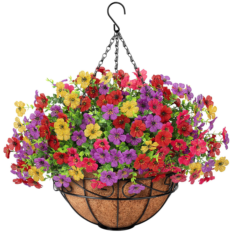 Besteek artificial hanging flowers basket with daisies and eucalyptus for year-round outdoor charm