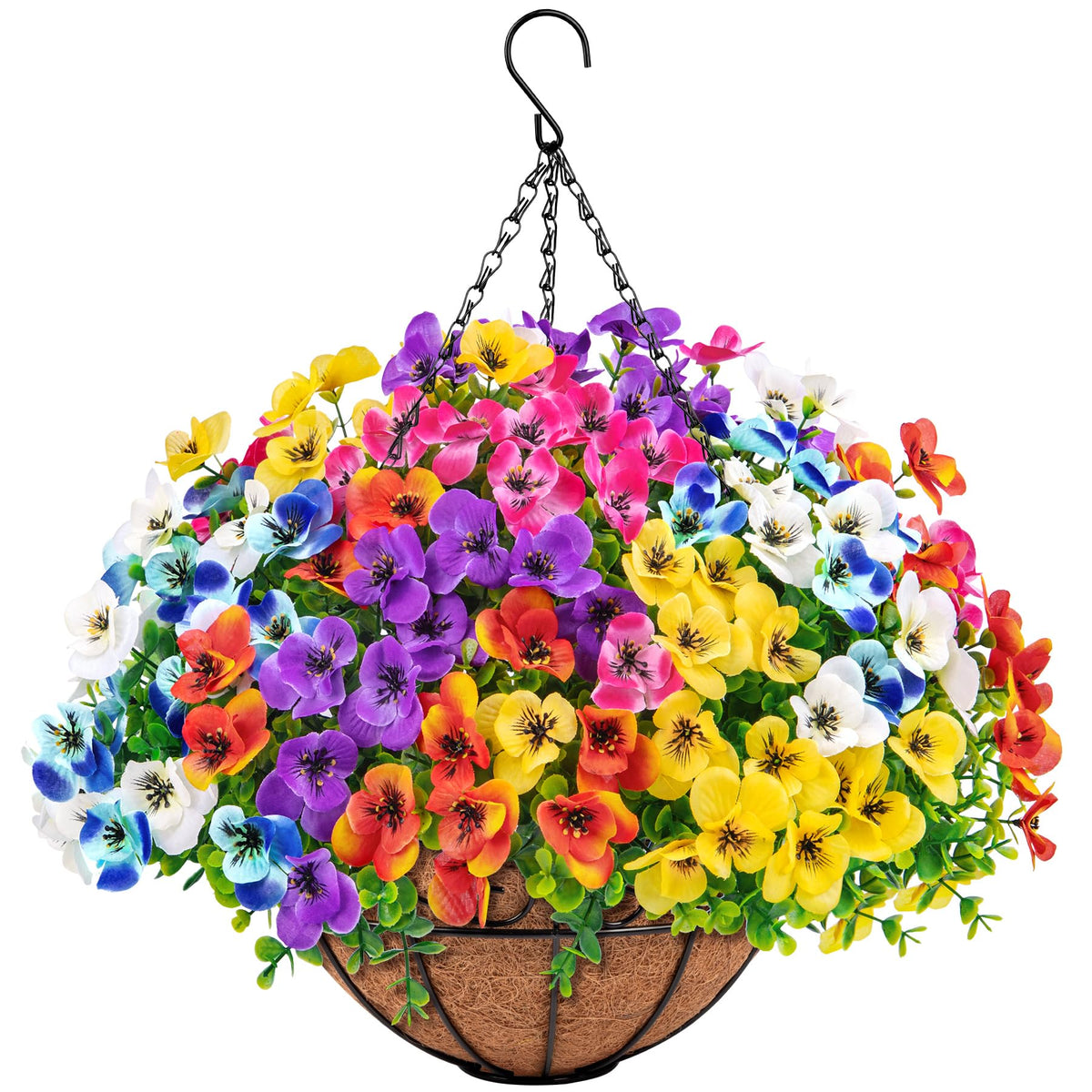 Besteek artificial hanging flowers with pansy petals in a coconut basket for year-round porch color