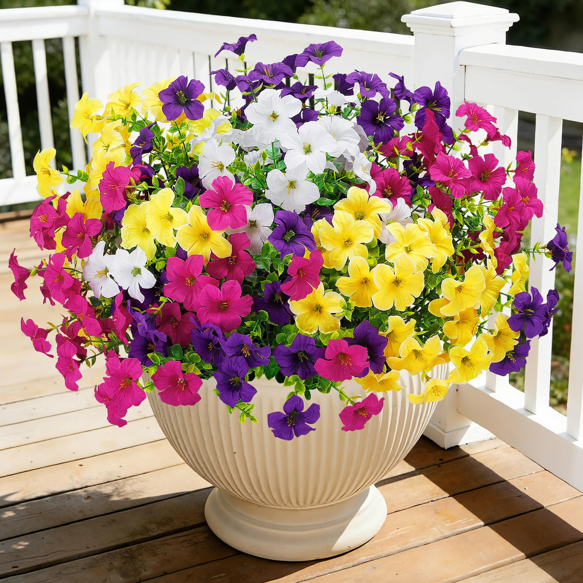 Besteek artificial petunias with purple bundles for outdoor planters add vibrant curb appeal.