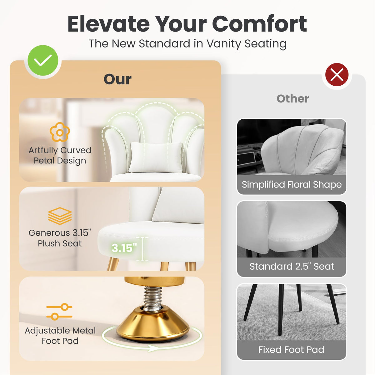 BestGlory Petal vanity chair gold metal legs provide stylish stability