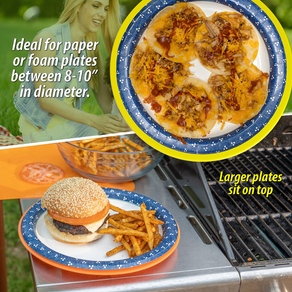Besti 10-inch plate holders in orange keep plates centered during gatherings.