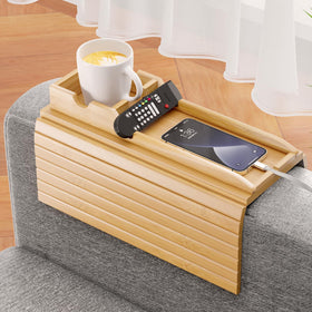 Bestjing bamboo sofa armrest tray keeps snacks within reach.