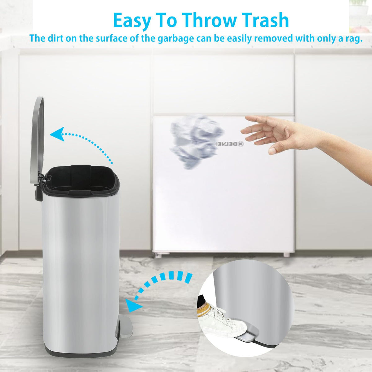 BestMassage trash can with foot pedal for hands-free disposal in busy spaces.