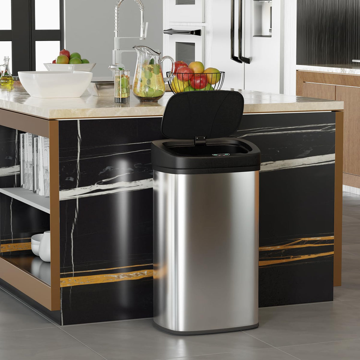 BestOffice 82L kitchen-use trash can fits large volumes between bag changes.