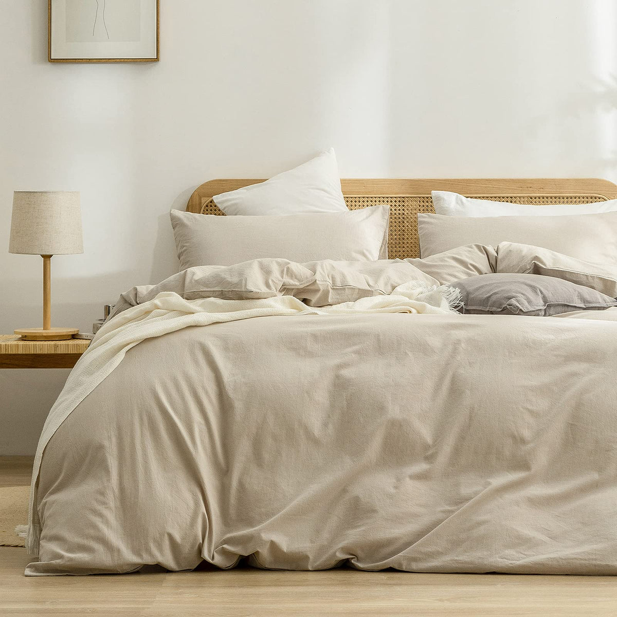 BESTOUCH duvet cover almond milk grey front view shows linen-inspired texture and soft drape