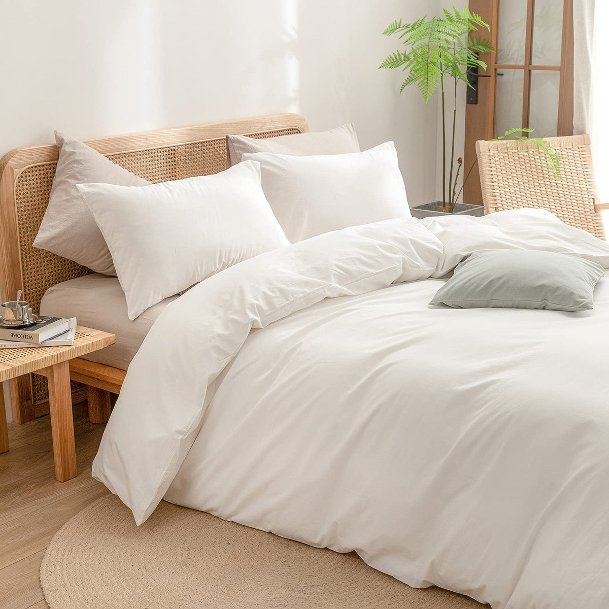 BESTOUCH queen-size 3-piece set on bed in solid off-white for versatile styling.