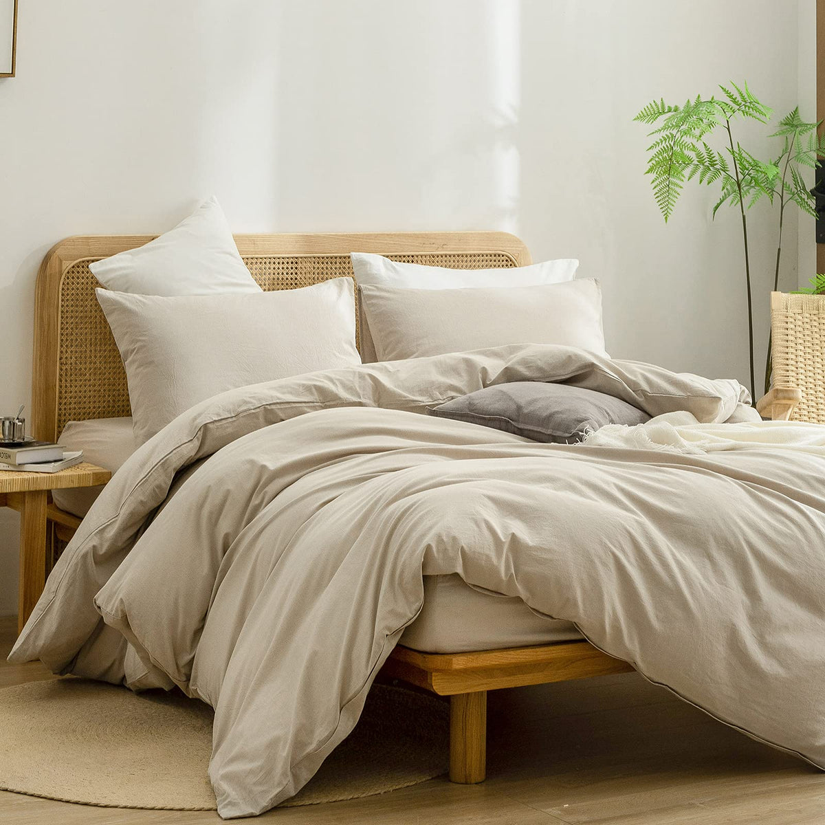 BESTOUCH queen-size bed setup in almond milk grey for versatile chic styling