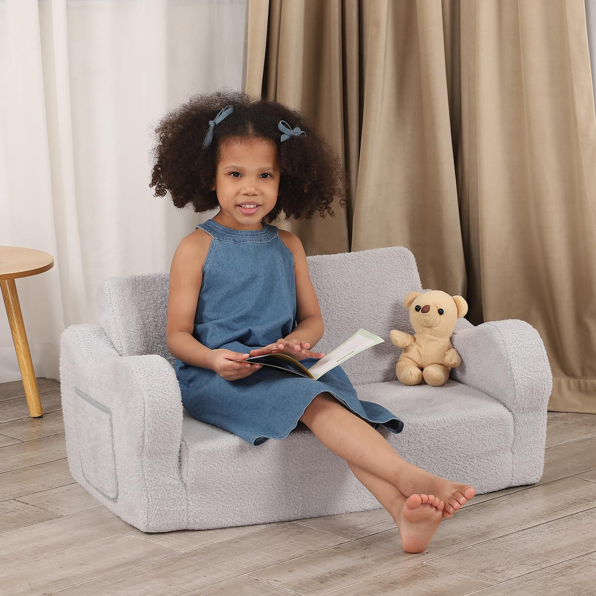 BestRoyal side-pocket toddler chair grey keeps books and toys within reach