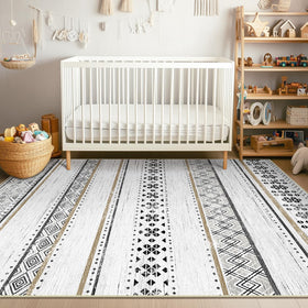 BESTSWEETIE geometry rug in a multi-room space with neutral tones and texture.