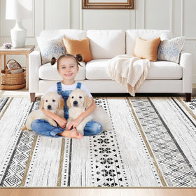 BESTSWEETIE geometry rug in dining room brings calm, clean lines to the table area.