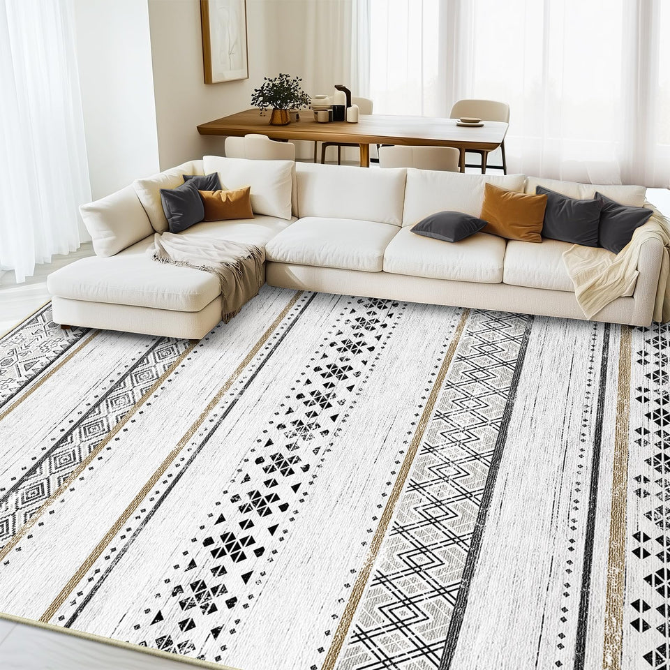 BESTSWEETIE geometry rug in living room provides soft underfoot comfort and contemporary flair.