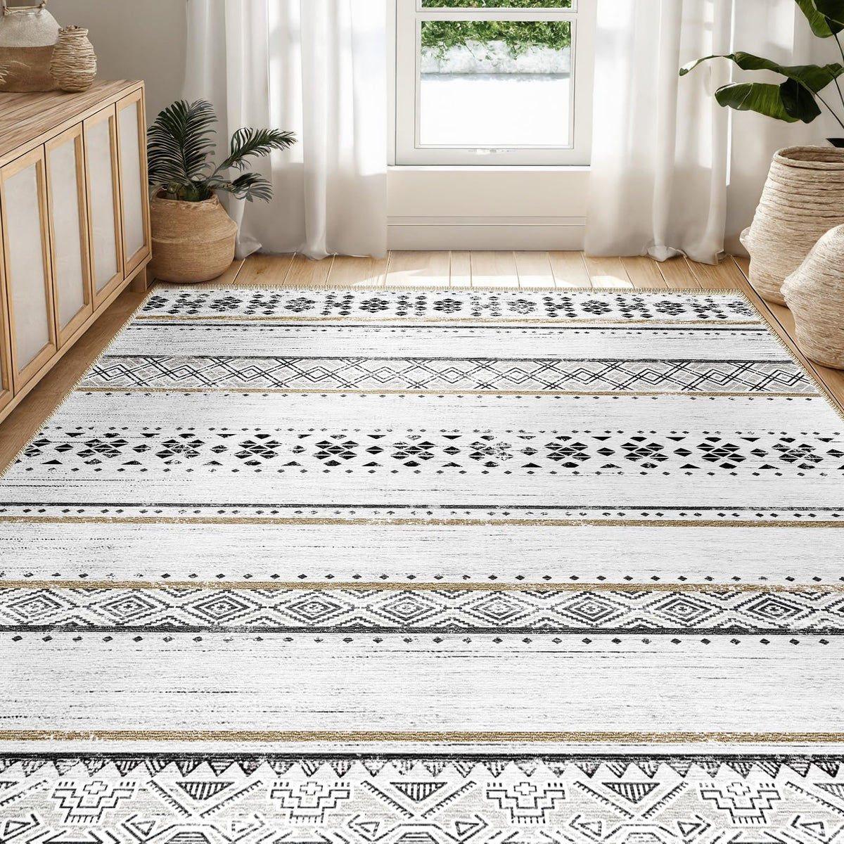 BESTSWEETIE geometry rug in home office creates a cohesive, inviting look.