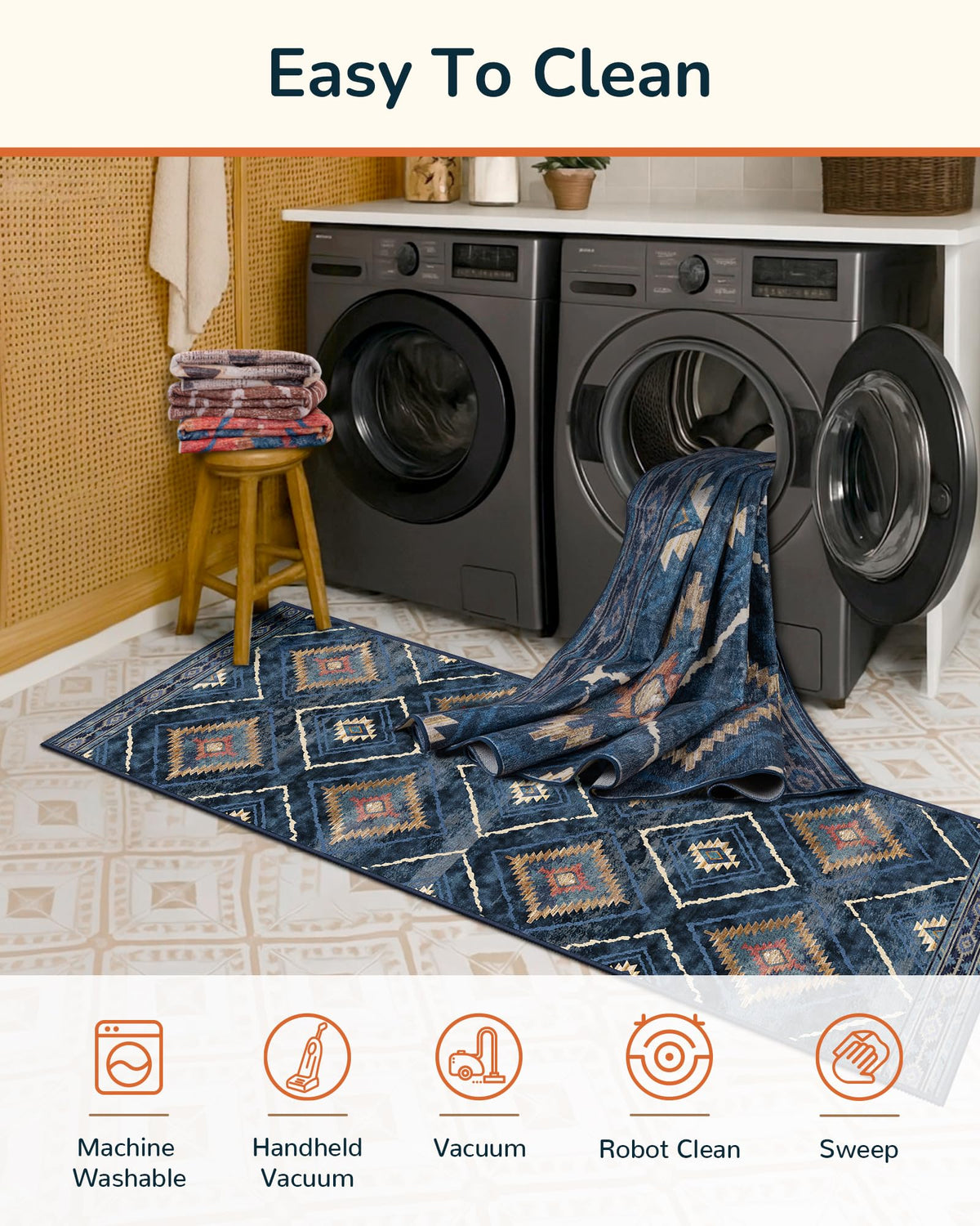 BESTSWEETIE machine-washable rug stays color-rich after cold-water cleaning.