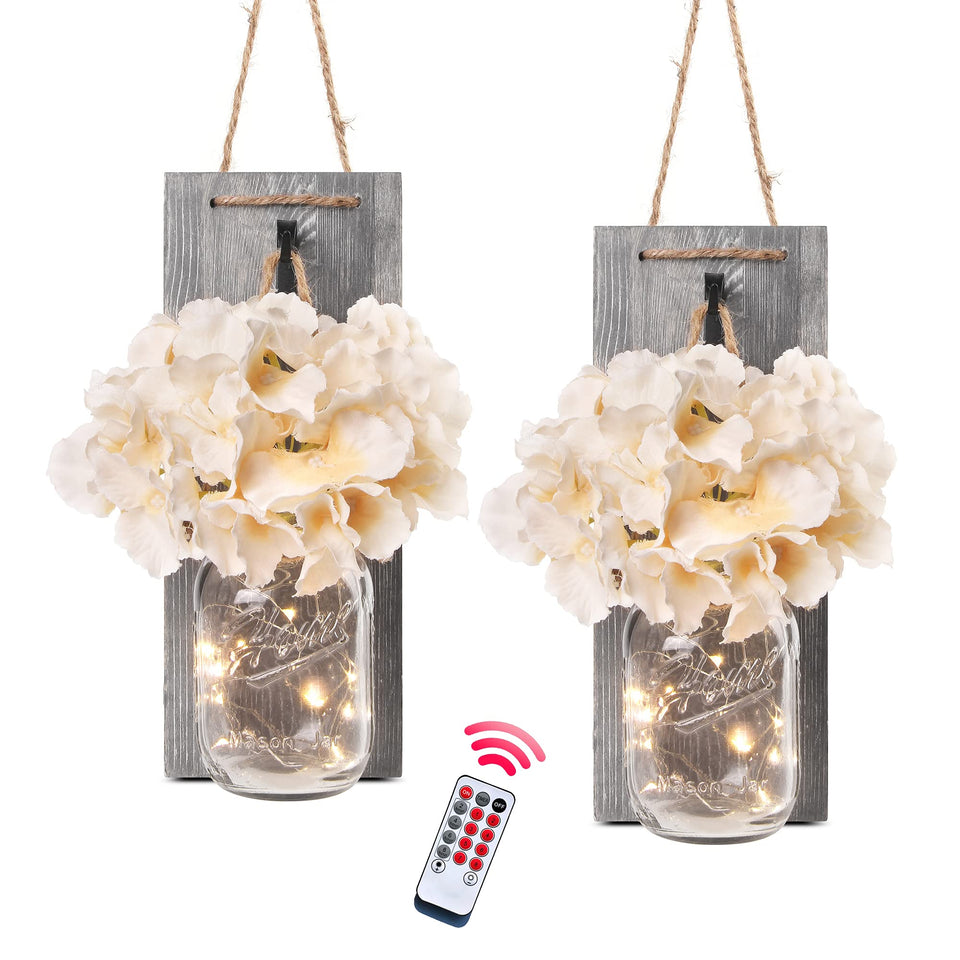 Besuerte rustic wooden wall sconce with mason jar lights for warm ambiance.