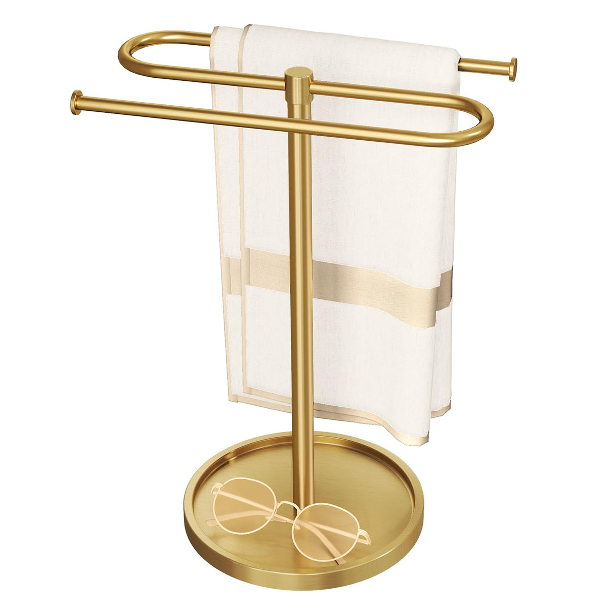 Bethom bathroom towel holder stand with a stable gold base on a bathroom counter