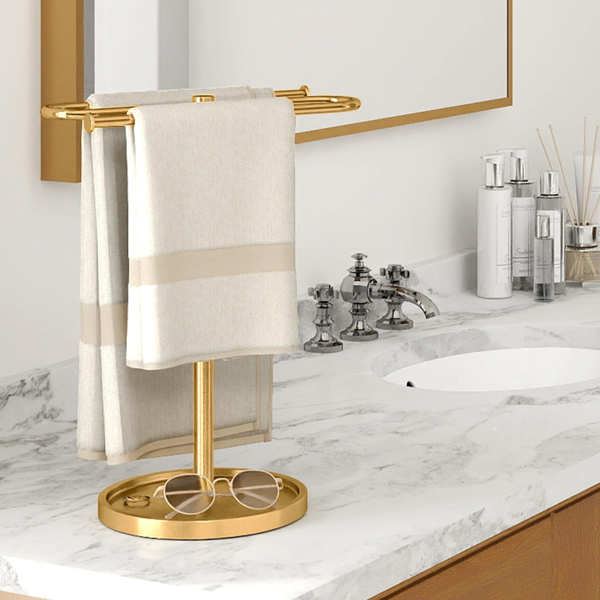 Bethom gold-finished towel holder adds a warm accent to any bathroom or kitchen