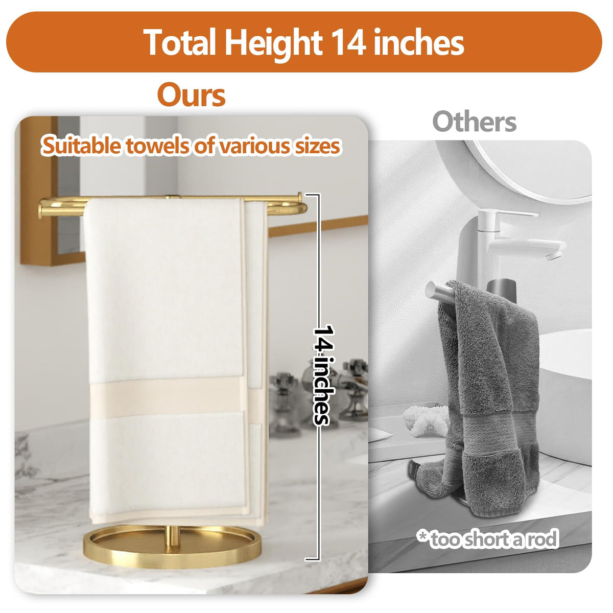 Bethom stainless steel towel rack stands 14 inches tall to keep towels off the floor