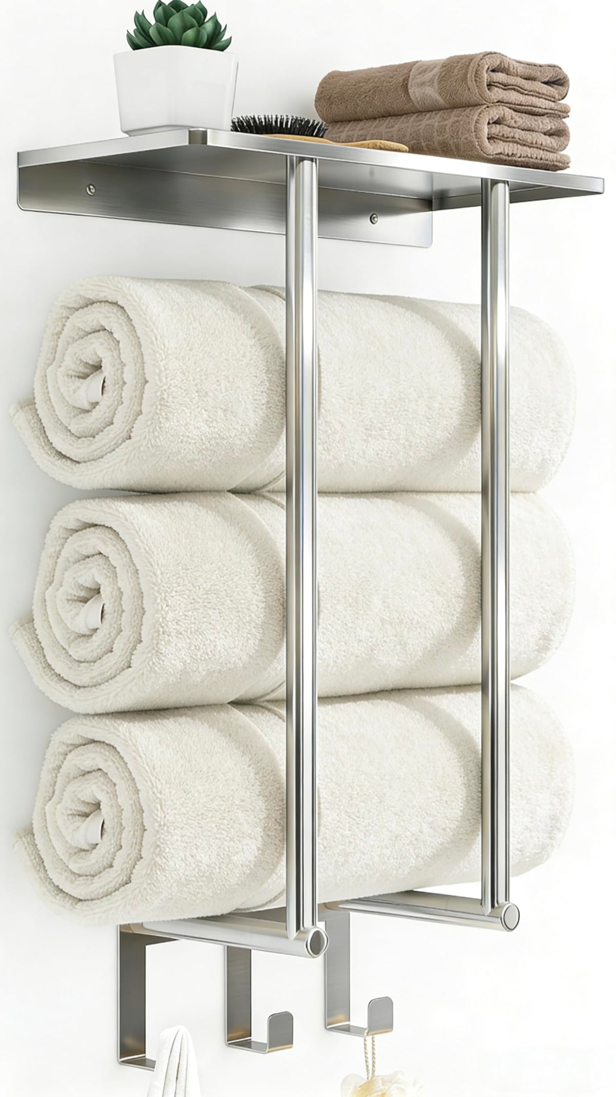 Bethom towel rack with shelf and three hooks in brushed nickel keeps towels neatly organized.