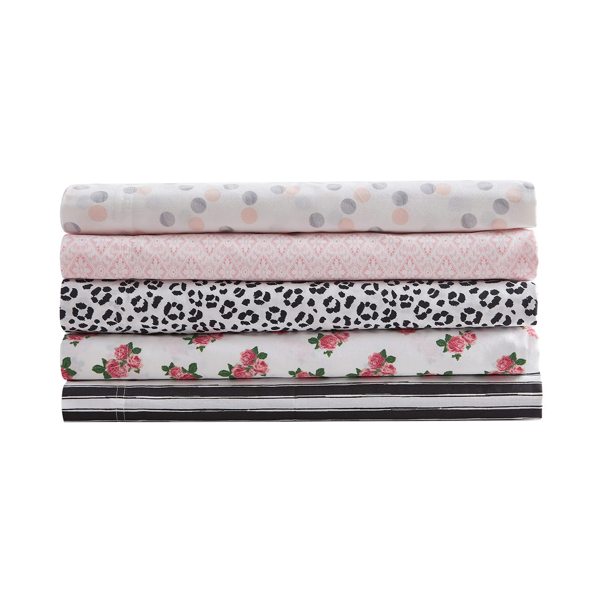 Betsey Johnson cotton percale sheets are machine washable for easy care.