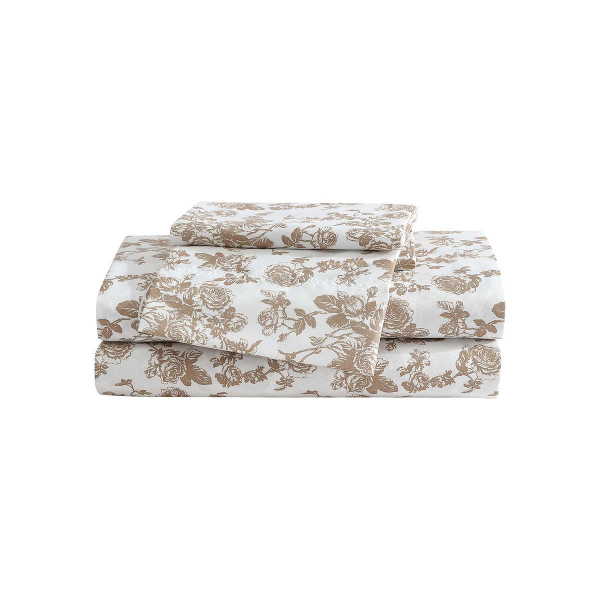 Betsey Johnson queen bed sheets Garden Toile Brown flat sheet close-up shows soft finish.