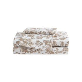 Betsey Johnson queen bed sheets Garden Toile Brown flat sheet close-up shows soft finish.