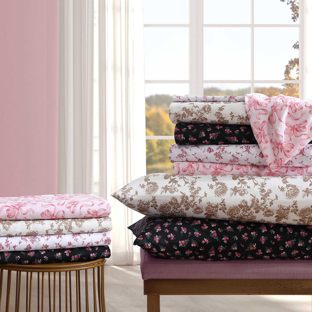 Betsey Johnson queen sheets close-up of soft microfiber texture for year-round comfort.