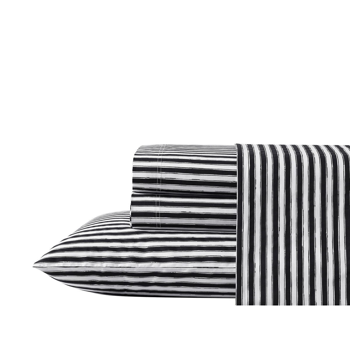 Betsey Johnson Sketchy Stripe queen bed sheets showcase a crisp percale weave for cool, breathable comfort.
