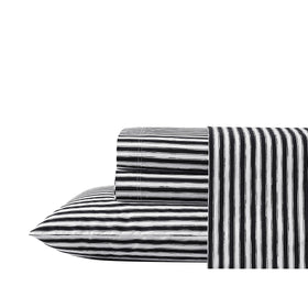 Betsey Johnson Sketchy Stripe queen bed sheets showcase a crisp percale weave for cool, breathable comfort.