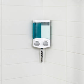 Better Living Aviva shelf with white dispenser complements vanity space.
