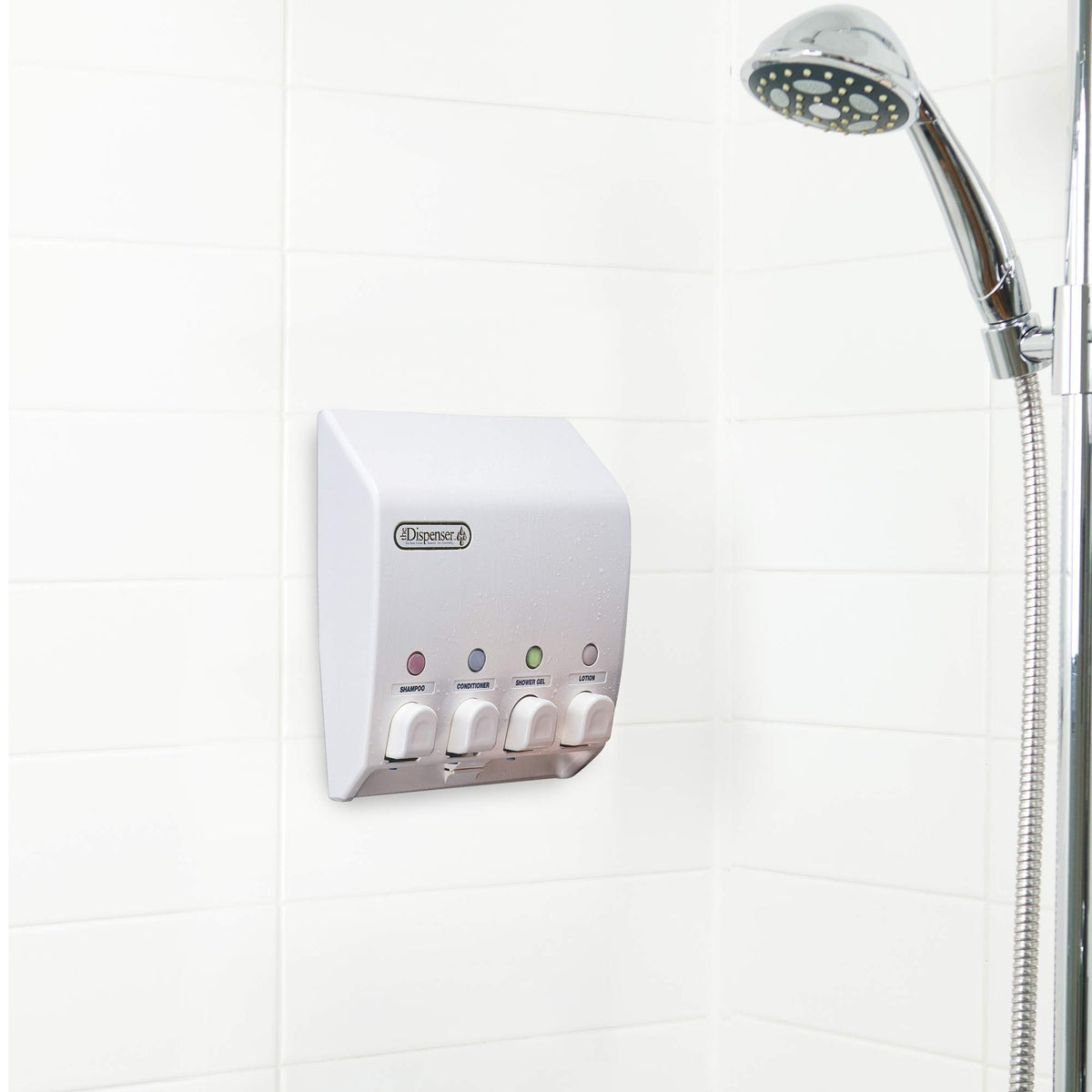 Better Living Classic 4-chamber dispenser with front lid open for quick refills during showers.