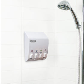 Better Living Classic 4-chamber dispenser with front lid open for quick refills during showers.