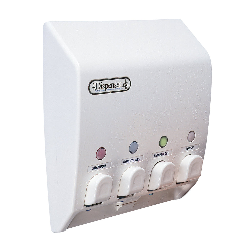 Better Living Classic 4-chamber wall-mounted shower dispenser on tile, ideal for decluttering the shower.