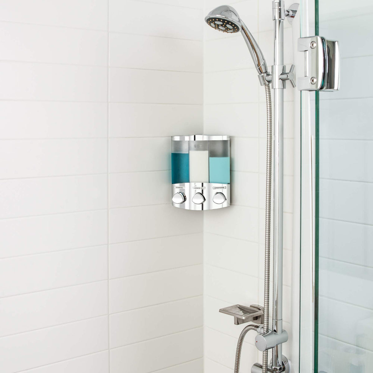 Better Living Euro Series Trio 3-Chamber Dispenser shows easy refill and tool-free installation.