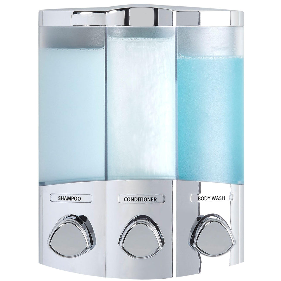 Better Living Euro Series Trio 3-Chamber Dispenser front view, clutter-free shower space.