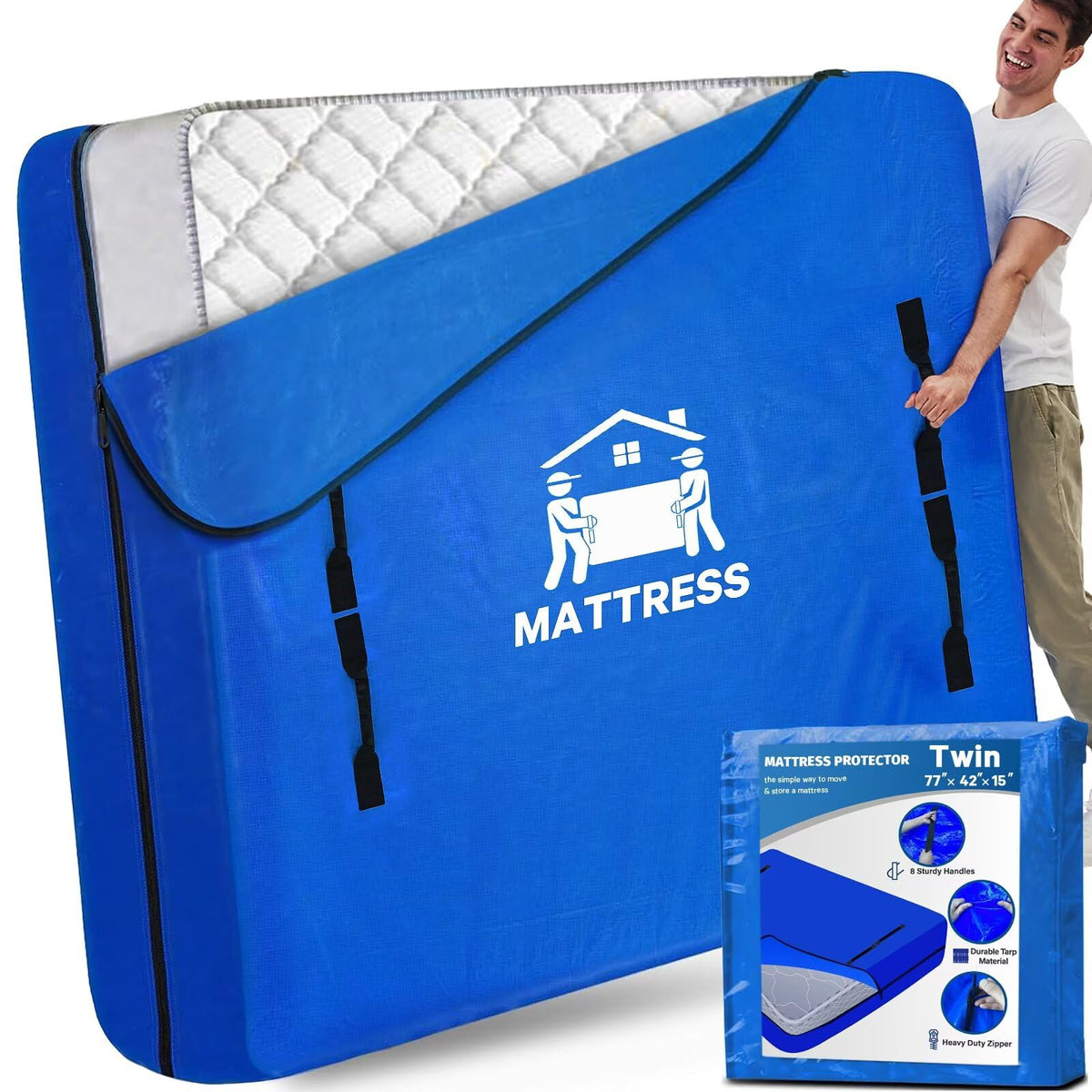 BETU mattress bag in blue guarding twin mattress during a move