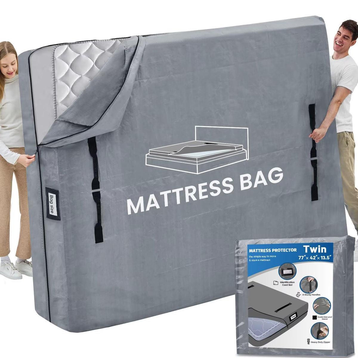 BETU twin mattress bag with eight handles facilitates moving across stairs and hallways