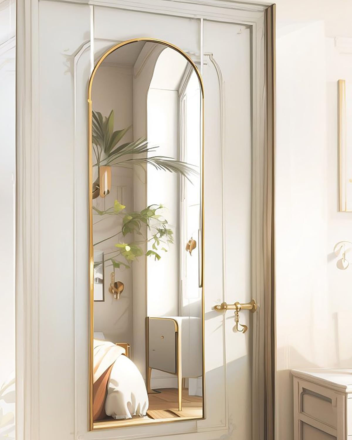 BEVERDY arch door mirror with gold frame adds luxury to entryways.