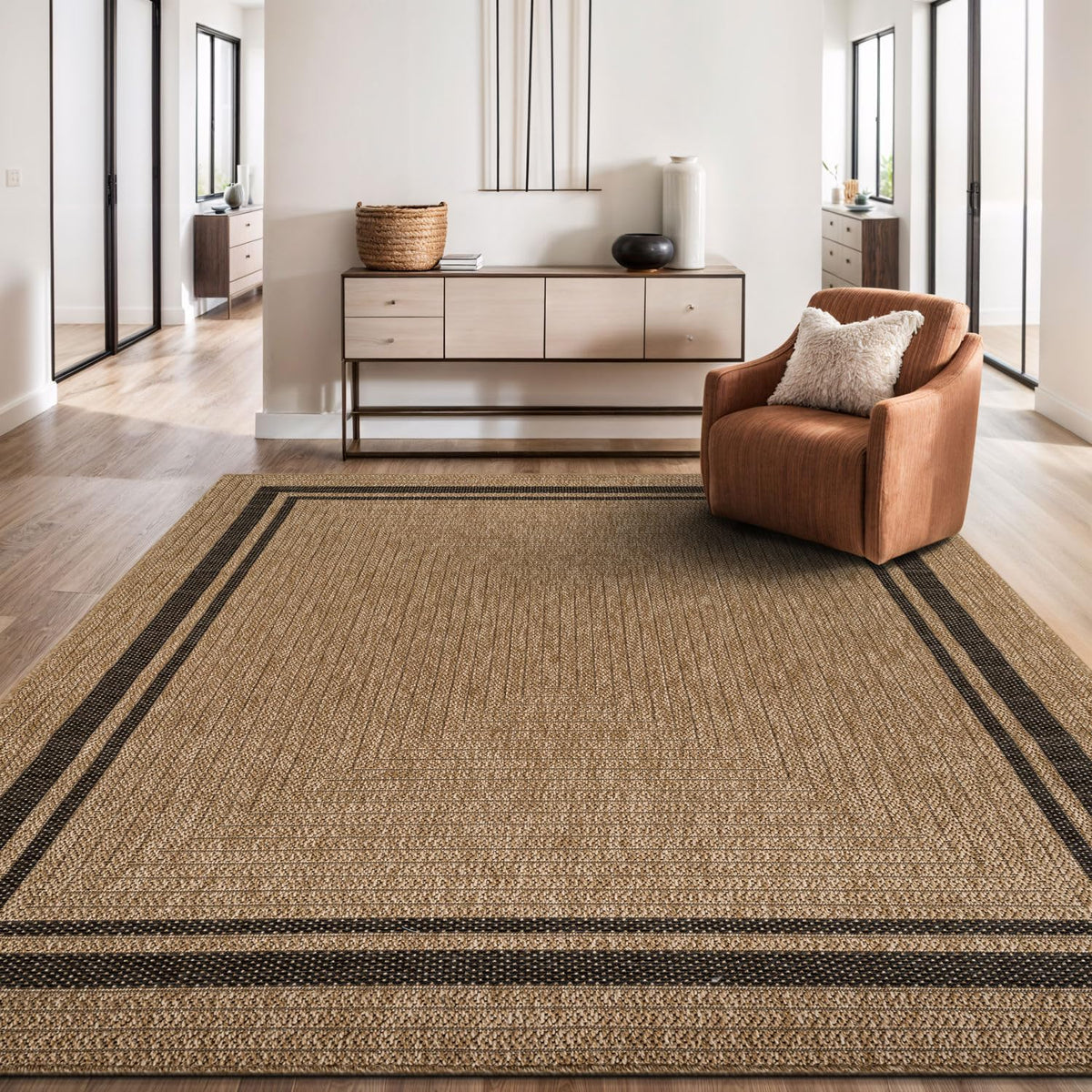 Beverly Rug Easy Jute Border Rug 5x7 in dining area for warm meals.