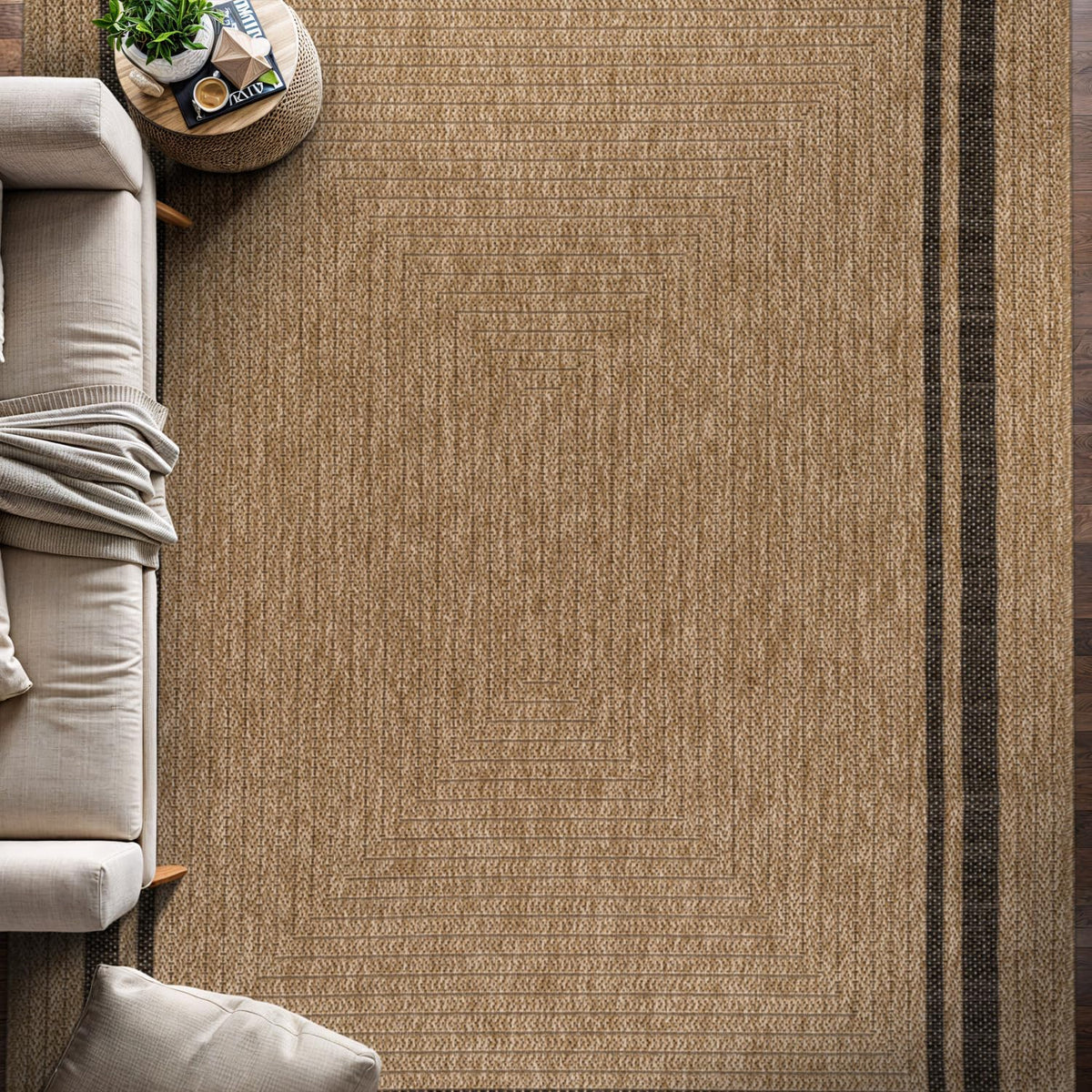 Beverly Rug Easy Jute Border Rug 5x7 at entryway with non-slip backing.