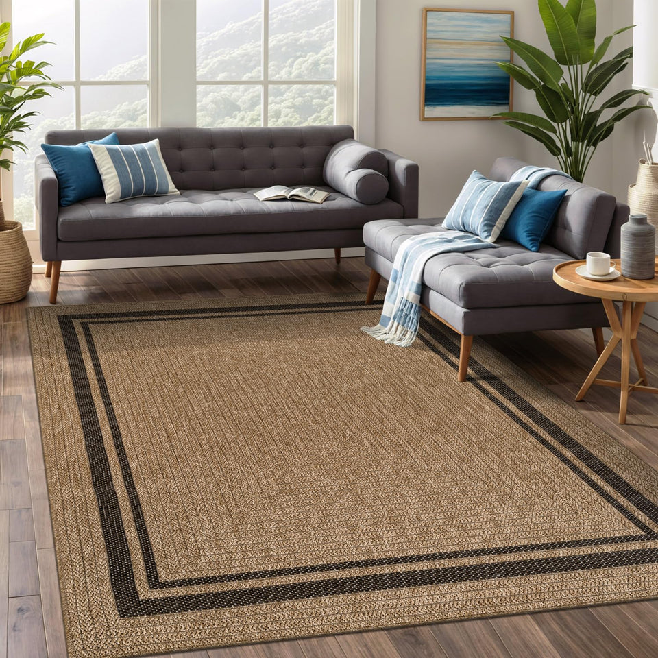 Beverly Rug Easy Jute Border Rug 5x7 in natural tones for living spaces.