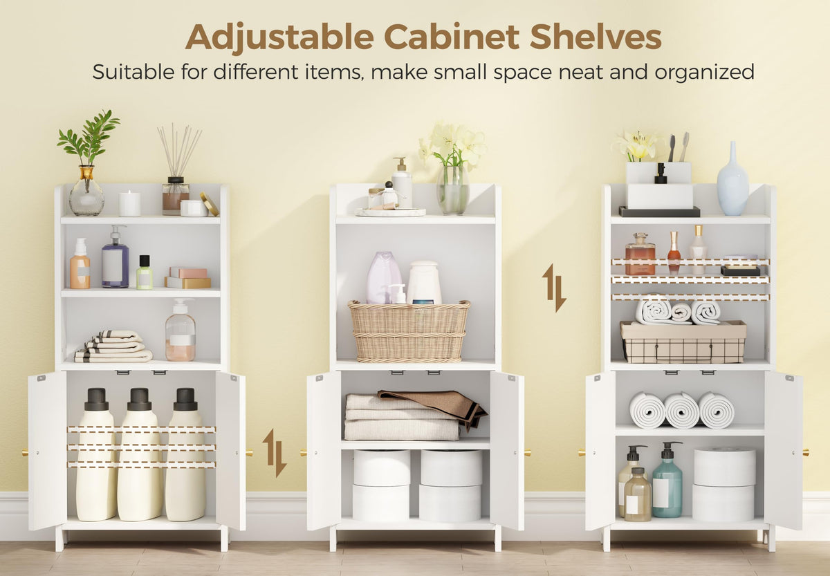 BEWISHOME cabinet with adjustable shelves adapts to different toiletries and towels.