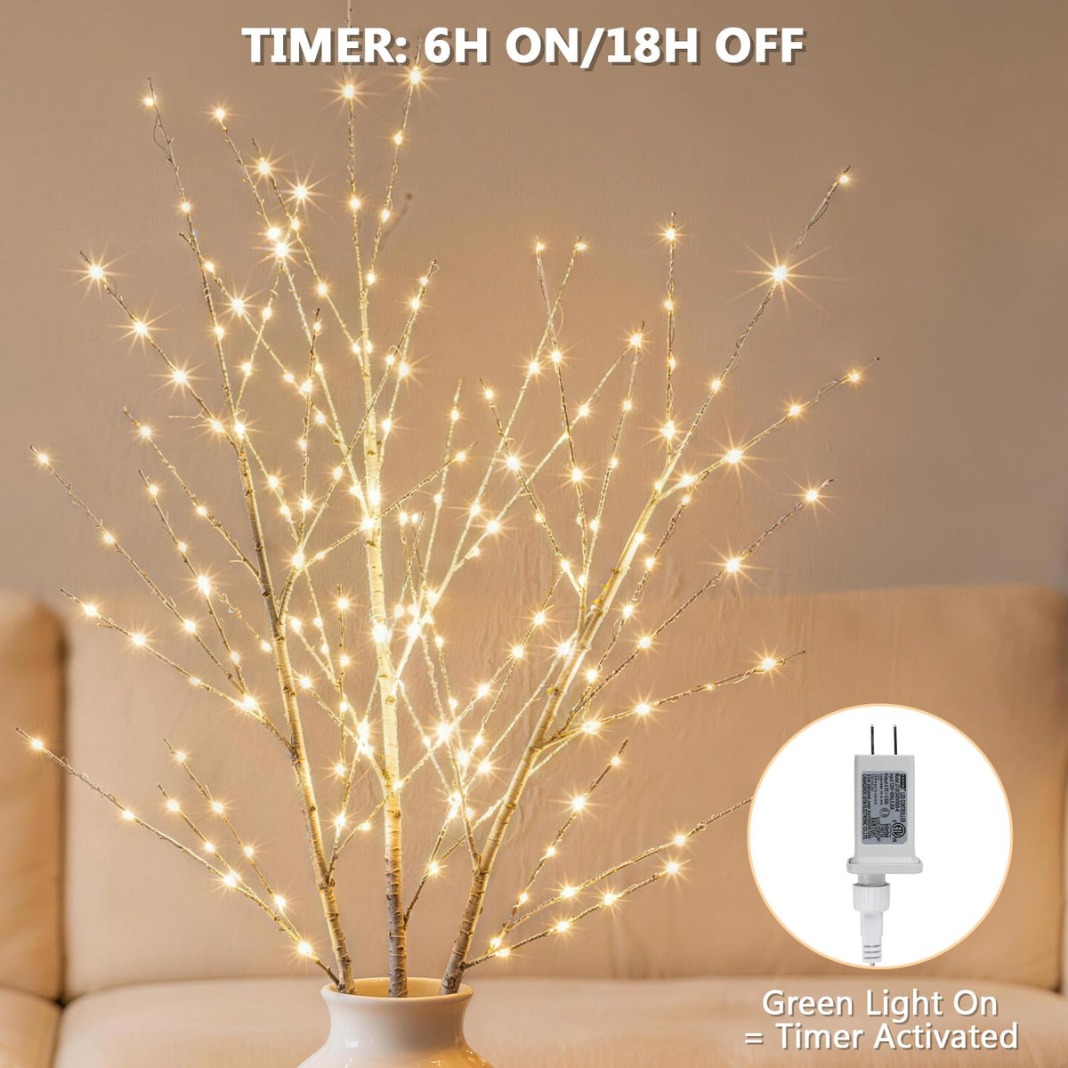 Bexdir lighted birch branches 33in twinkle detail showing gentle sparkles.