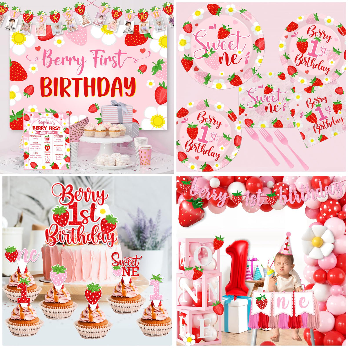 Bezkega 1st birthday cake topper adds strawberry charm to cake.