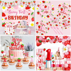 Bezkega 1st birthday cake topper adds strawberry charm to cake.