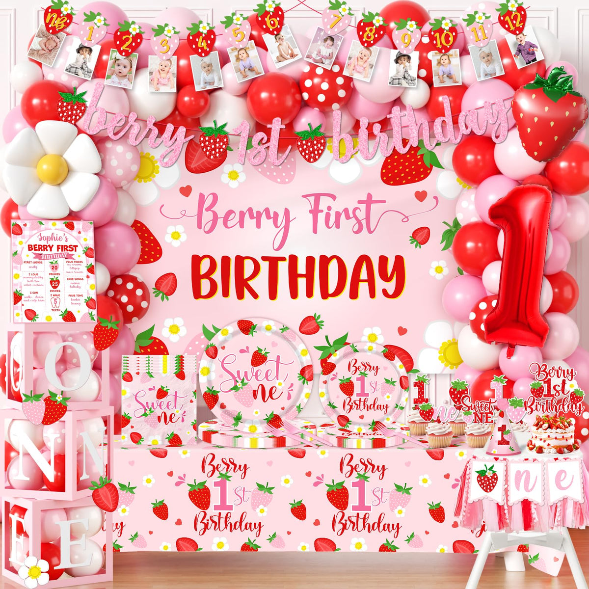 Bezkega berry first birthday banner adds festive strawberry flair to the party.