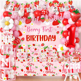 Bezkega berry first birthday banner adds festive strawberry flair to the party.