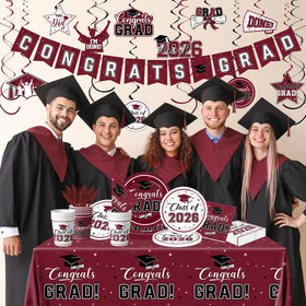 Bezkega class-of-2026 tablecloth in maroon and white creates cohesive party setup.