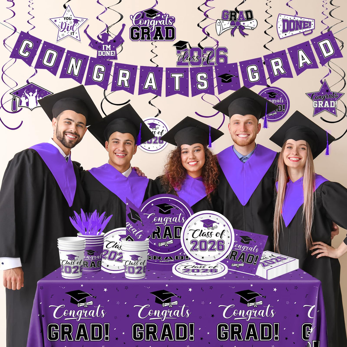 Bezkega purple-white tablecloth creates a festive graduation backdrop for guests.