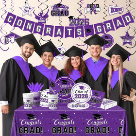 Bezkega purple-white tablecloth creates a festive graduation backdrop for guests.